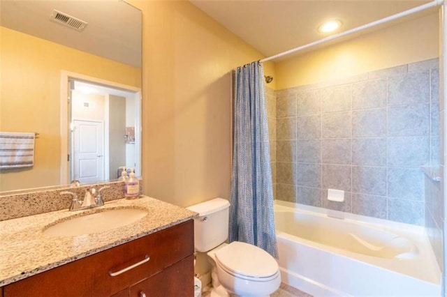 full bathroom with vanity, toilet, and shower / bathtub combination with curtain