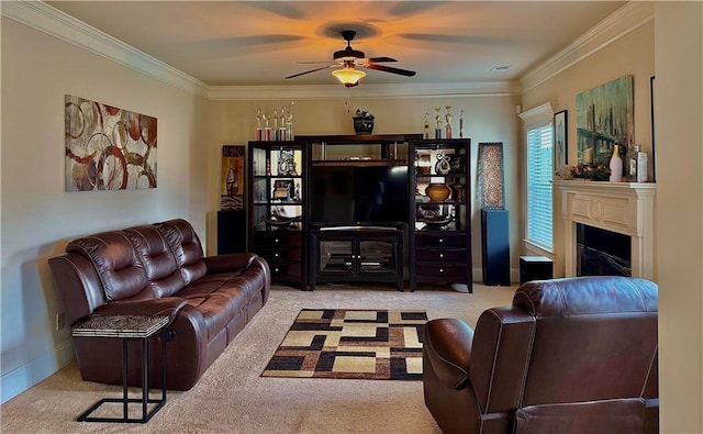 520 Harmony Way, Locust Grove, GA 30248 - living room with carpet, ceiling fan, crown molding, and a fireplace