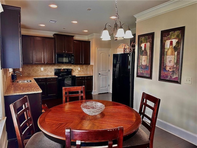 520 Harmony Way, Locust Grove, GA 30248 - dining space featuring a chandelier, baseboards, ornamental molding, dark wood-style floors, and recessed lighting