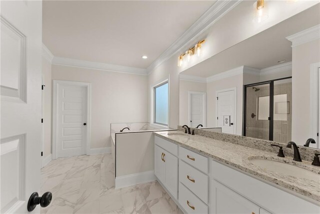 bathroom with vanity, crown molding, and walk in shower