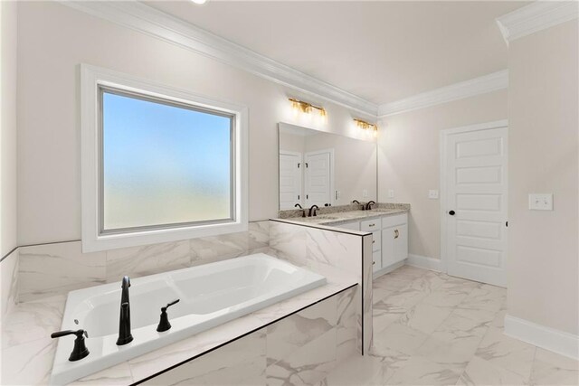 bathroom with tiled bath, vanity, and crown molding