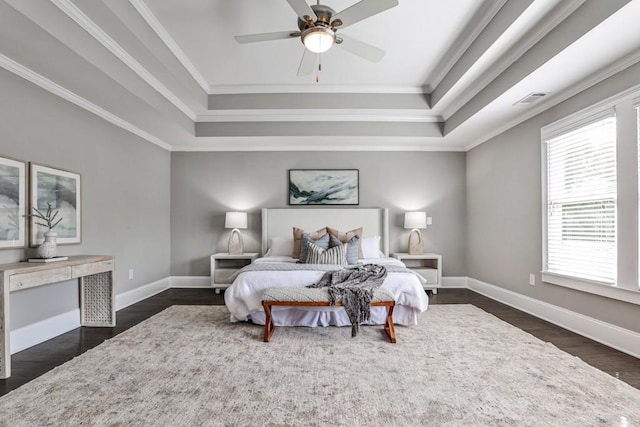 11760 Stratham Dr, Alpharetta, GA 30009 - bedroom featuring a tray ceiling, dark wood-style floors, crown molding, and a ceiling fan