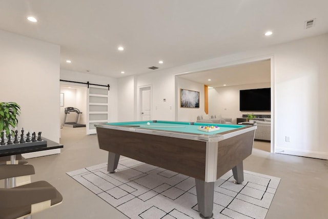 11760 Stratham Dr, Alpharetta, GA 30009 - recreation room featuring a barn door, recessed lighting, and billiards