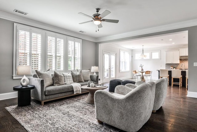 11760 Stratham Dr, Alpharetta, GA 30009 - living area featuring ornamental molding, dark wood-style floors, and ceiling fan