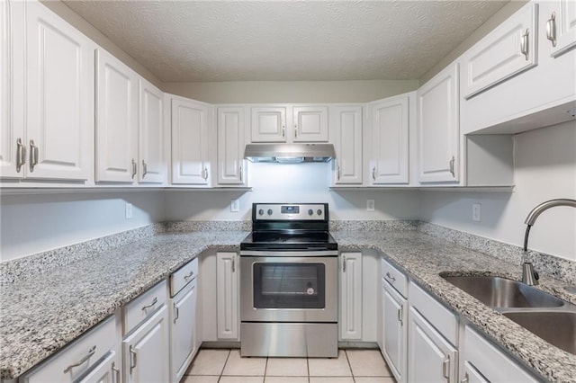 1406 Windy Ridge Ct SE, Conyers, GA 30013 - kitchen featuring stainless steel electric range, a sink, ventilation hood, white cabinets, and a textured ceiling