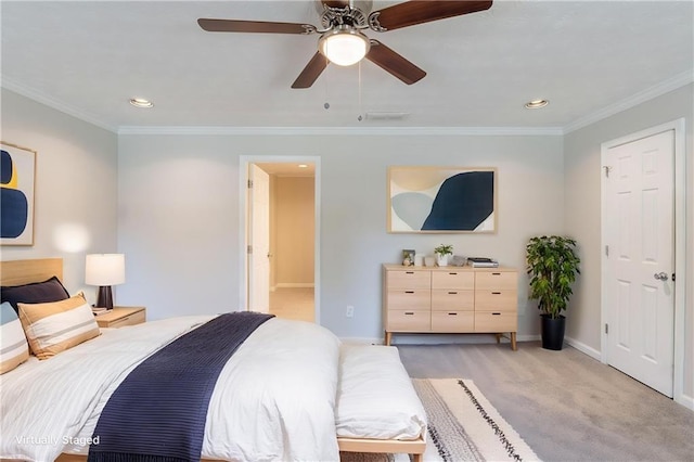 1406 Windy Ridge Ct SE, Conyers, GA 30013 - bedroom featuring baseboards, light carpet, ornamental molding, ceiling fan, and recessed lighting