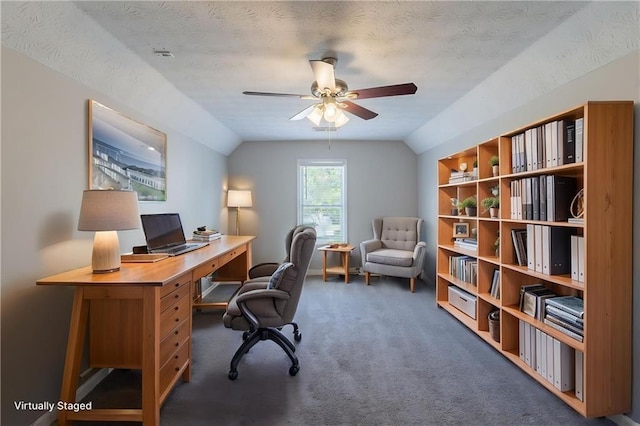 1406 Windy Ridge Ct SE, Conyers, GA 30013 - office area featuring a ceiling fan, carpet, lofted ceiling, and a textured ceiling