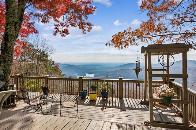 wooden deck with a mountain view