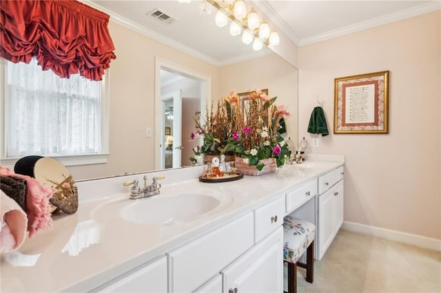 full bathroom featuring a sink, visible vents, baseboards, ornamental molding, and double vanity