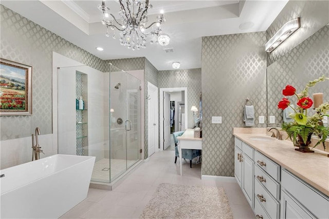 3663 Brookhaven Manor Xing NE, Atlanta, GA 30319 - full bath featuring a shower stall, vanity, a freestanding bath, baseboards, and wallpapered walls