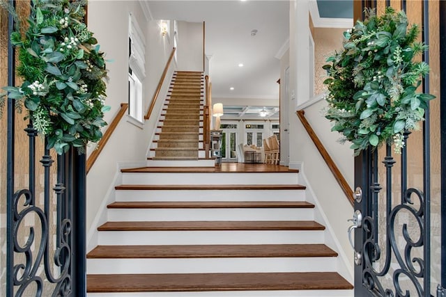 3663 Brookhaven Manor Xing NE, Atlanta, GA 30319 - stairway with crown molding, recessed lighting, and a ceiling fan