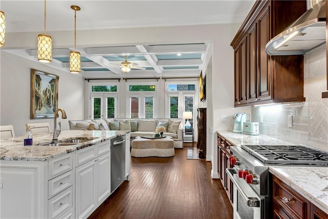 3663 Brookhaven Manor Xing NE, Atlanta, GA 30319 - kitchen featuring appliances with stainless steel finishes, a sink, a ceiling fan, open floor plan, and dark wood-style flooring