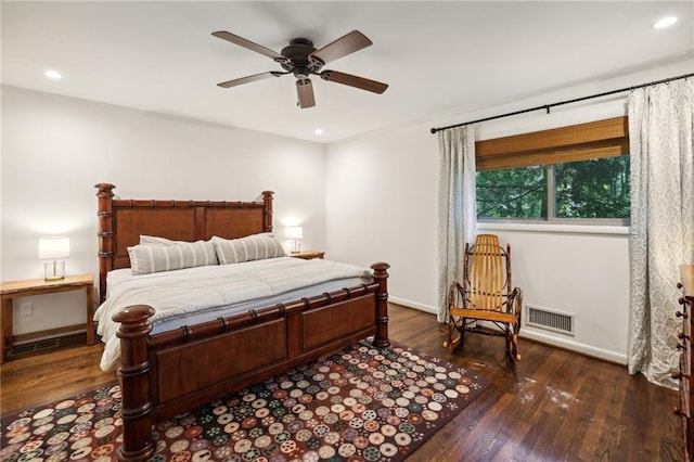 bedroom featuring visible vents, recessed lighting, dark wood finished floors, and baseboards