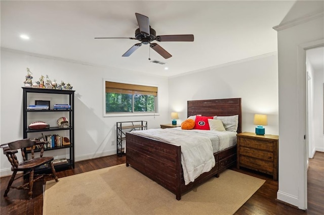 bedroom featuring baseboards, recessed lighting, dark wood finished floors, and visible vents