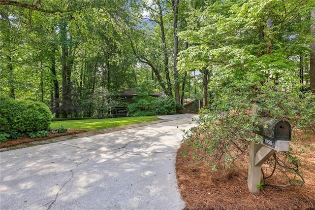 view of home's community featuring a lawn and driveway