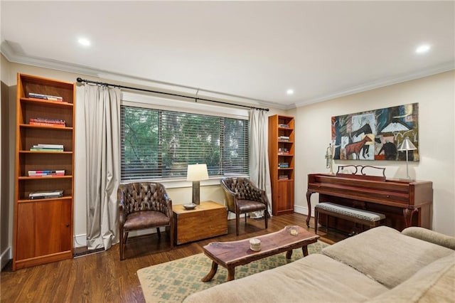 living area with crown molding, recessed lighting, baseboards, and dark wood-style floors