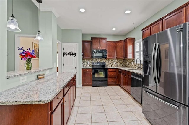kitchen with black appliances, a sink, tasteful backsplash, light stone counters, and light tile patterned floors