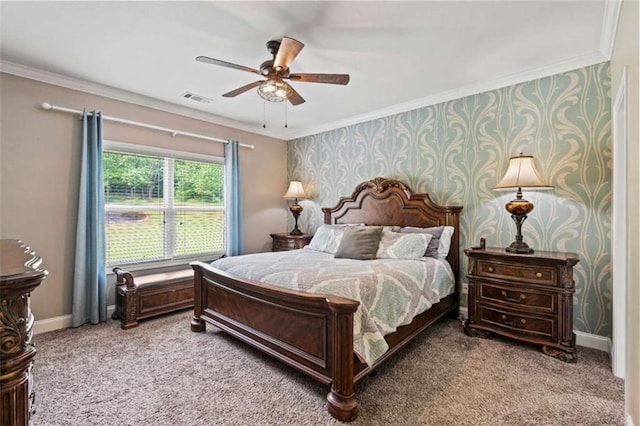 bedroom featuring wallpapered walls, carpet flooring, crown molding, baseboards, and a ceiling fan