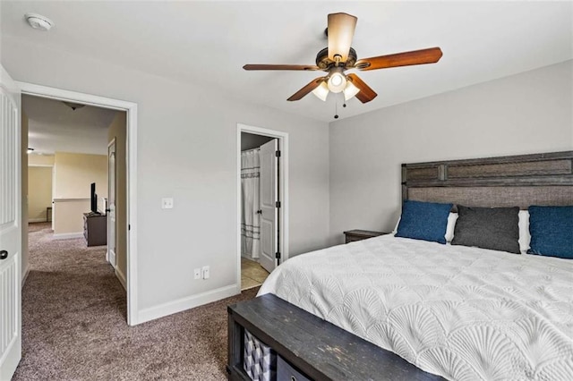 carpeted bedroom with baseboards and ceiling fan