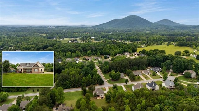 aerial view of property's location with property boundaries highlighted, a mountain backdrop, and a heavily wooded area