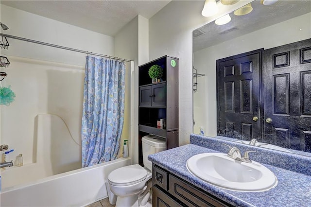 bathroom with vanity, shower / bathtub combination with curtain, visible vents, a textured ceiling, and toilet