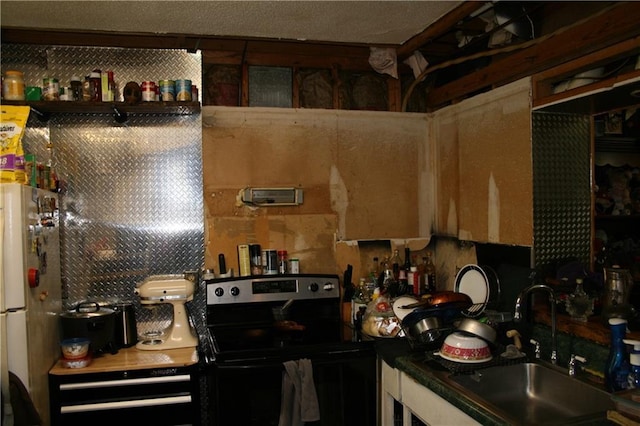 kitchen featuring electric stove, sink, and white fridge