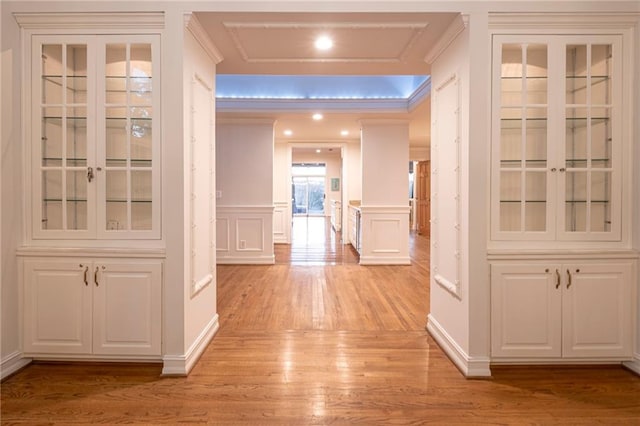 4252 Tall Hickory Trl, Gainesville, GA 30506 - hallway featuring light wood-style floors, crown molding, a decorative wall, recessed lighting, and a wainscoted wall