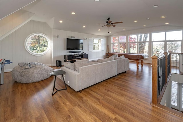 4252 Tall Hickory Trl, Gainesville, GA 30506 - living room featuring vaulted ceiling, healthy amount of natural light, light wood-type flooring, a ceiling fan, and recessed lighting