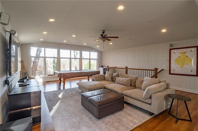 4252 Tall Hickory Trl, Gainesville, GA 30506 - living area featuring wood finished floors, billiards, ceiling fan, lofted ceiling, and recessed lighting
