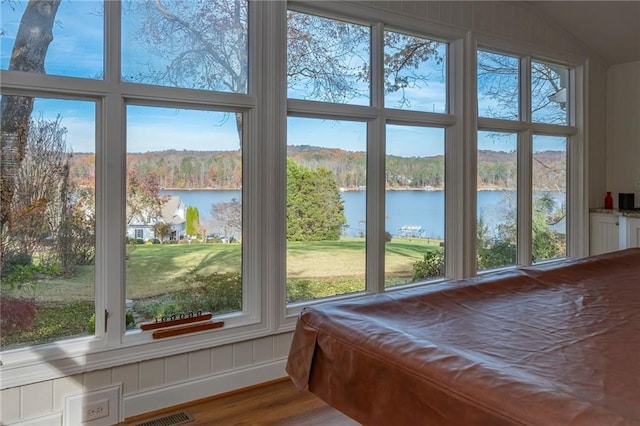 4252 Tall Hickory Trl, Gainesville, GA 30506 - sunroom featuring a water view and lofted ceiling