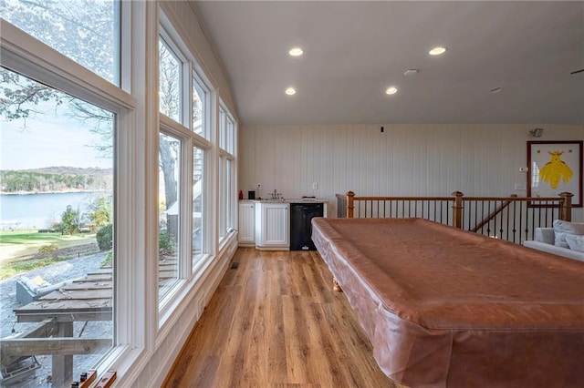 4252 Tall Hickory Trl, Gainesville, GA 30506 - rec room featuring light wood finished floors, a water view, recessed lighting, wet bar, and billiards