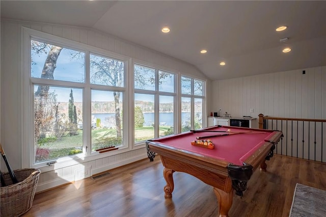 4252 Tall Hickory Trl, Gainesville, GA 30506 - rec room featuring lofted ceiling, plenty of natural light, a water view, wood finished floors, and billiards