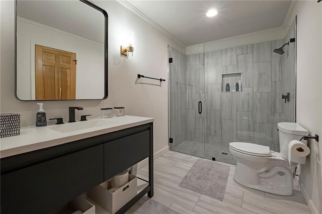 4252 Tall Hickory Trl, Gainesville, GA 30506 - full bathroom featuring toilet, vanity, a shower stall, baseboards, and crown molding