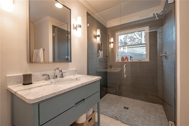 4252 Tall Hickory Trl, Gainesville, GA 30506 - bathroom with crown molding, vanity, a stall shower, and tile patterned flooring