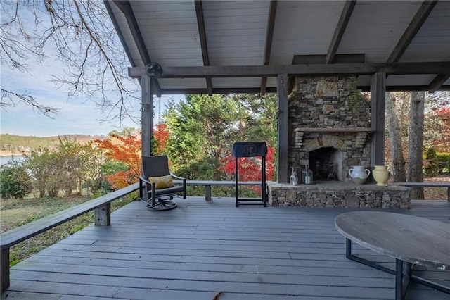 4252 Tall Hickory Trl, Gainesville, GA 30506 - wooden terrace with an outdoor stone fireplace