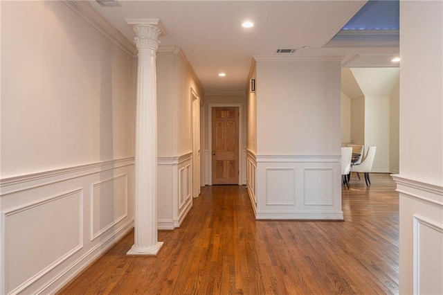 4252 Tall Hickory Trl, Gainesville, GA 30506 - corridor with decorative columns, a decorative wall, wood finished floors, recessed lighting, and a wainscoted wall