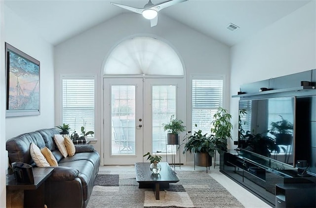 3311 Lindenridge Dr, Buford, GA 30519 - living room featuring ceiling fan, french doors, visible vents, and lofted ceiling