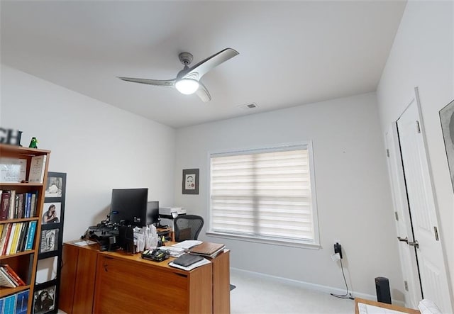3311 Lindenridge Dr, Buford, GA 30519 - home office featuring light colored carpet, a ceiling fan, baseboards, and visible vents