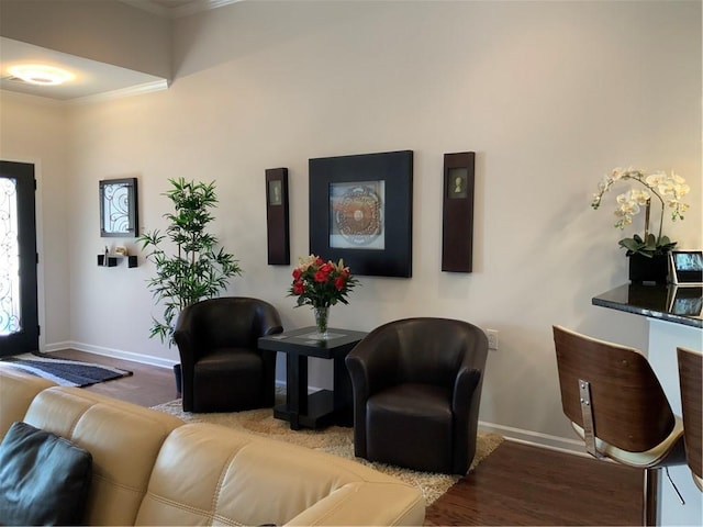 3311 Lindenridge Dr, Buford, GA 30519 - living area featuring crown molding, baseboards, and wood finished floors