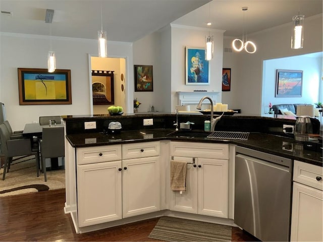3311 Lindenridge Dr, Buford, GA 30519 - kitchen with stainless steel dishwasher, white cabinets, ornamental molding, and a sink