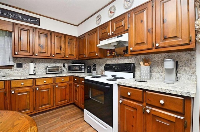 kitchen featuring ornamental molding, white range with electric cooktop, wood-type flooring, and backsplash