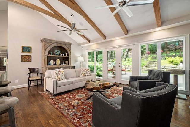 7265 Hunters Branch Dr, Sandy Springs, GA 30328 - living area featuring ceiling fan, high vaulted ceiling, beamed ceiling, plenty of natural light, and french doors