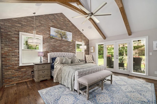 7265 Hunters Branch Dr, Sandy Springs, GA 30328 - bedroom with brick wall, access to outside, high vaulted ceiling, dark wood finished floors, and a ceiling fan
