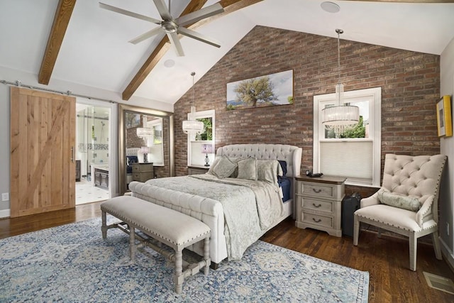 7265 Hunters Branch Dr, Sandy Springs, GA 30328 - bedroom featuring brick wall, dark wood-style flooring, beamed ceiling, high vaulted ceiling, and ceiling fan