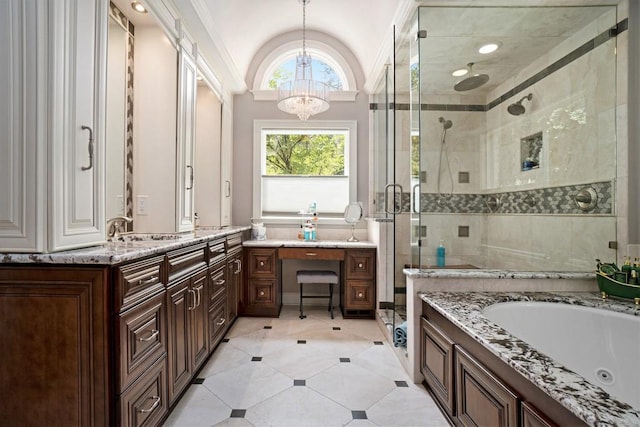 7265 Hunters Branch Dr, Sandy Springs, GA 30328 - bathroom with a stall shower, a jetted tub, a chandelier, vanity, and tile patterned flooring