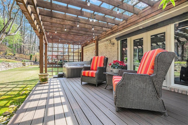 7265 Hunters Branch Dr, Sandy Springs, GA 30328 - wooden terrace with a hot tub, a pergola, and a lawn