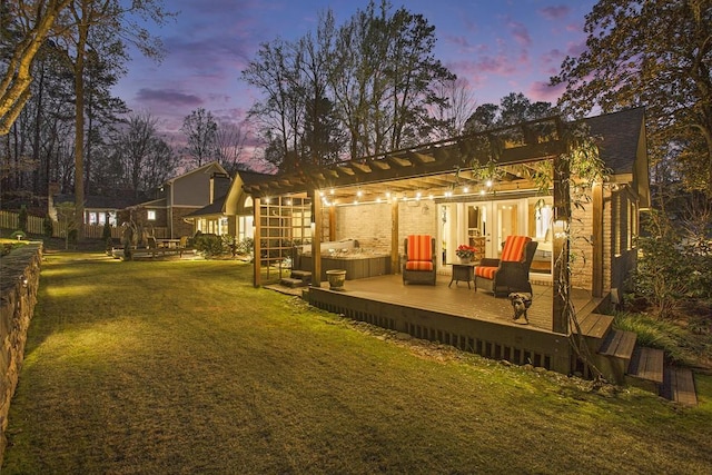7265 Hunters Branch Dr, Sandy Springs, GA 30328 - back of property with a yard, a deck, and a hot tub