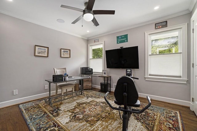 7265 Hunters Branch Dr, Sandy Springs, GA 30328 - office area featuring a ceiling fan, crown molding, baseboards, wood finished floors, and recessed lighting