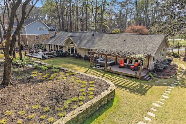 7265 Hunters Branch Dr, Sandy Springs, GA 30328 - rear view of house featuring a deck, a lawn, an outdoor living space, and brick siding