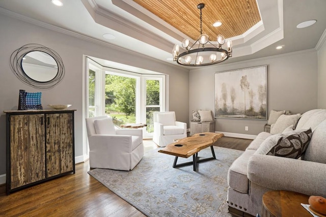 7265 Hunters Branch Dr, Sandy Springs, GA 30328 - living room with a tray ceiling, crown molding, wood finished floors, a chandelier, and wood ceiling